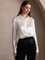 [White] SilkSilky  19Momme Stretch Silk Charmeuse Long Sleeve Lapel Collar Women's Shirt 001