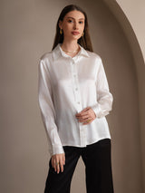 [White] SilkSilky  19Momme Stretch Silk Charmeuse Long Sleeve Lapel Collar Women's Shirt 004