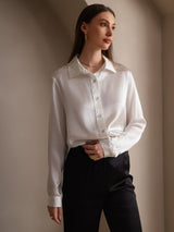 [White] SilkSilky  19Momme Stretch Silk Charmeuse Long Sleeve Lapel Collar Women's Shirt 006