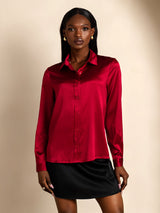 [Wine] SilkSilky  19Momme Stretch Silk Charmeuse Long Sleeve Lapel Collar Women's Shirt 001