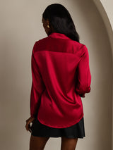 [Wine] SilkSilky  19Momme Stretch Silk Charmeuse Long Sleeve Lapel Collar Women's Shirt 002