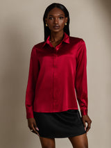 [Wine] SilkSilky  19Momme Stretch Silk Charmeuse Long Sleeve Lapel Collar Women's Shirt 003
