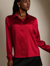 [Wine] SilkSilky  19Momme Stretch Silk Charmeuse Long Sleeve Lapel Collar Women's Shirt 004