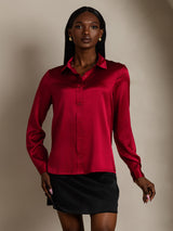 [Wine] SilkSilky  19Momme Stretch Silk Charmeuse Long Sleeve Lapel Collar Women's Shirt 006