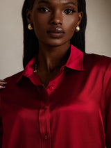[Wine] SilkSilky  19Momme Stretch Silk Charmeuse Long Sleeve Lapel Collar Women's Shirt 008