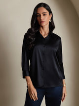 [Black] SilkSilky  19Momme Stretch Silk Charmeuse 3/4 Sleeve Lapel Collar Women's Shirt 001