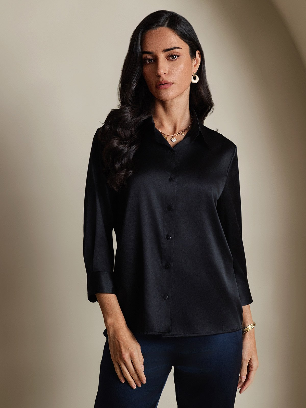 [Black] SilkSilky  19Momme Silk 3/4 Sleeve Lapel Collar Women's Shirt 001