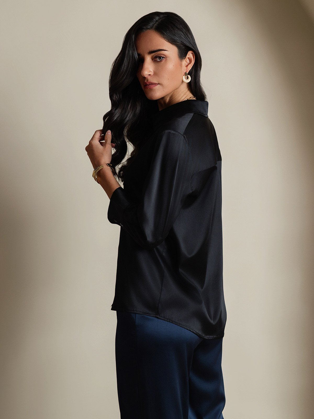 [Black] SilkSilky  19Momme Silk 3/4 Sleeve Lapel Collar Women's Shirt 002