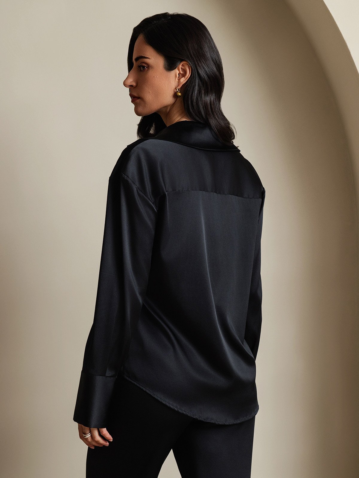 SilkSilky 19Momme Silk Long Sleeve Lapel Women's Shirt Black 002