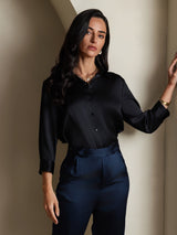 [Black] SilkSilky  19Momme 3/4 Sleeve Lapel Collar Women's Shirt 003