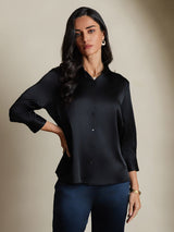 [Black] SilkSilky  19Momme 3/4 Sleeve Lapel Collar Women's Shirt 004