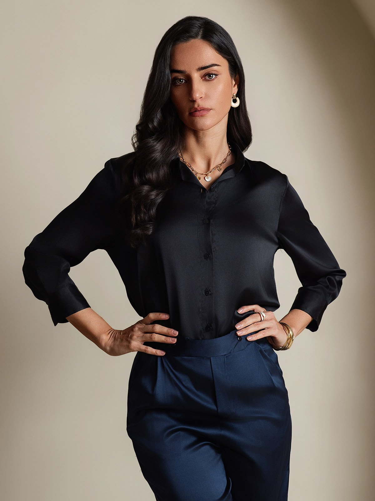 [Black] SilkSilky  19Momme Silk 3/4 Sleeve Lapel Collar Women's Shirt 005