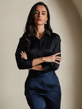 [Black] SilkSilky  19Momme Stretch Silk Charmeuse 3/4 Sleeve Lapel Collar Women's Shirt 006