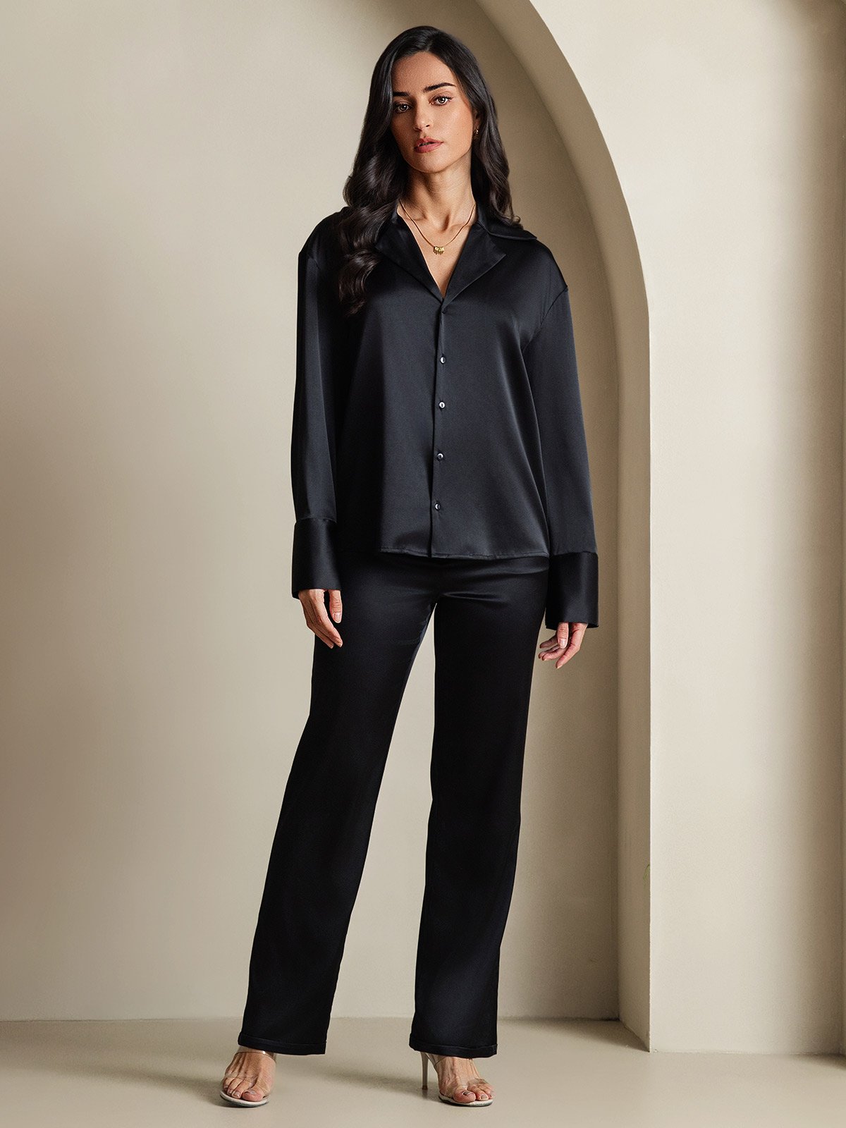 SilkSilky 19Momme Silk Long Sleeve Lapel Women's Shirt Black 006