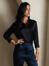 [Black] SilkSilky  19Momme 3/4 Sleeve Lapel Collar Women's Shirt 007