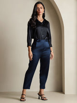 [Black] SilkSilky  19Momme Stretch Silk Charmeuse 3/4 Sleeve Lapel Collar Women's Shirt 008