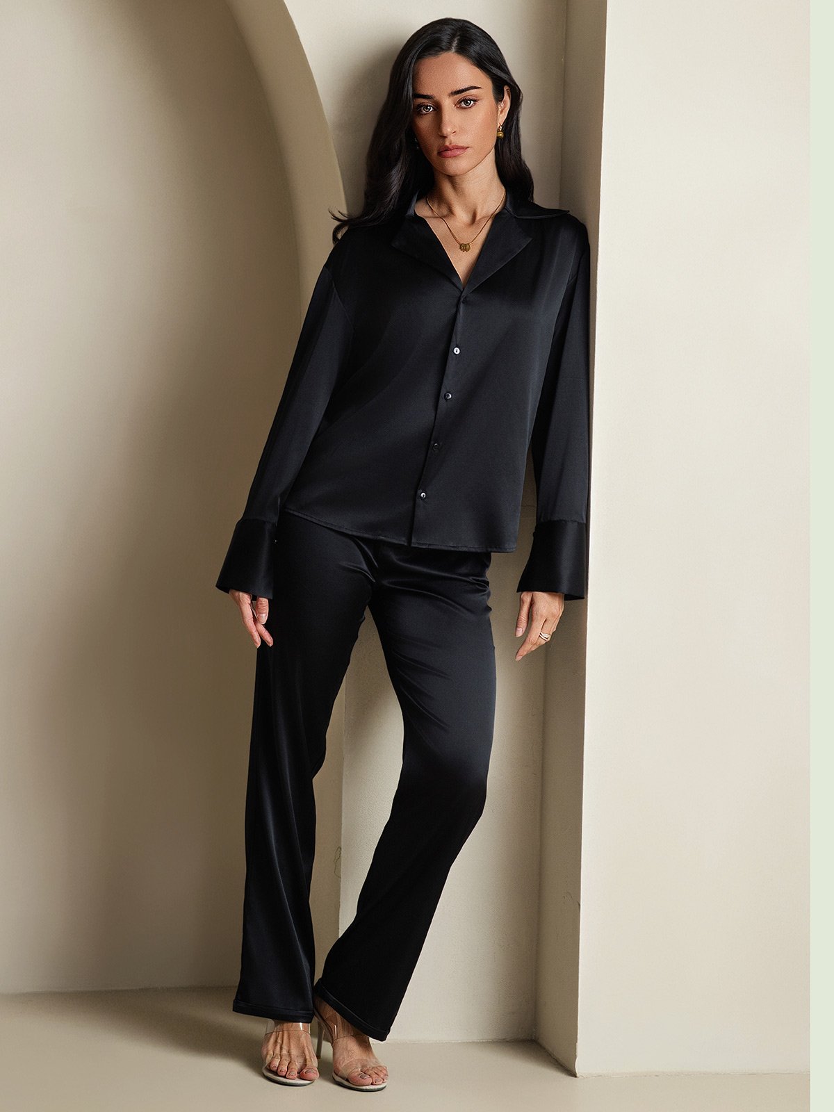 SilkSilky 19Momme Silk Long Sleeve Lapel Women's Shirt Black 008
