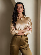 [Champagne] SilkSilky  19Momme Stretch Silk Charmeuse 3/4 Sleeve Lapel Collar Women's Shirt 001