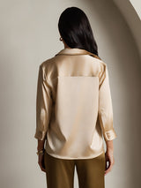 [Champagne] SilkSilky  19Momme Stretch Silk Charmeuse 3/4 Sleeve Lapel Collar Women's Shirt 002