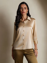 [Champagne] SilkSilky  19Momme Stretch Silk Charmeuse 3/4 Sleeve Lapel Collar Women's Shirt 003