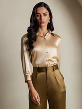[Champagne] SilkSilky  19Momme Stretch Silk Charmeuse 3/4 Sleeve Lapel Collar Women's Shirt 004