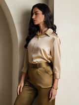[Champagne] SilkSilky  19Momme Stretch Silk Charmeuse 3/4 Sleeve Lapel Collar Women's Shirt 006