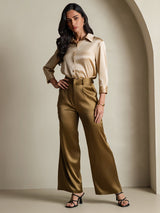 [Champagne] SilkSilky  19Momme Stretch Silk Charmeuse 3/4 Sleeve Lapel Collar Women's Shirt 007