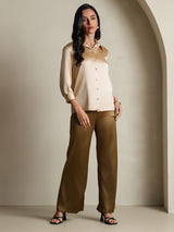 [Champagne] SilkSilky  19Momme Stretch Silk Charmeuse 3/4 Sleeve Lapel Collar Women's Shirt 008
