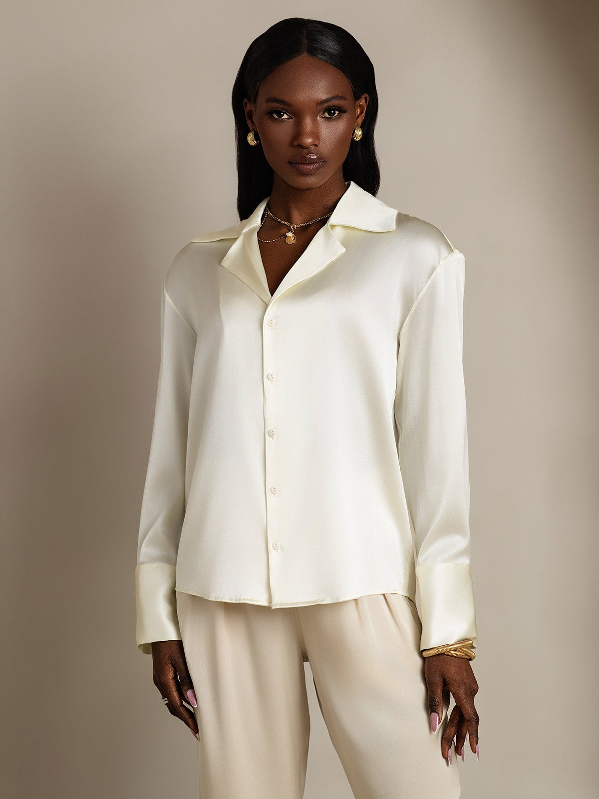 SilkSilky 19Momme Silk Long Sleeve Lapel Women's Shirt Ivory 003