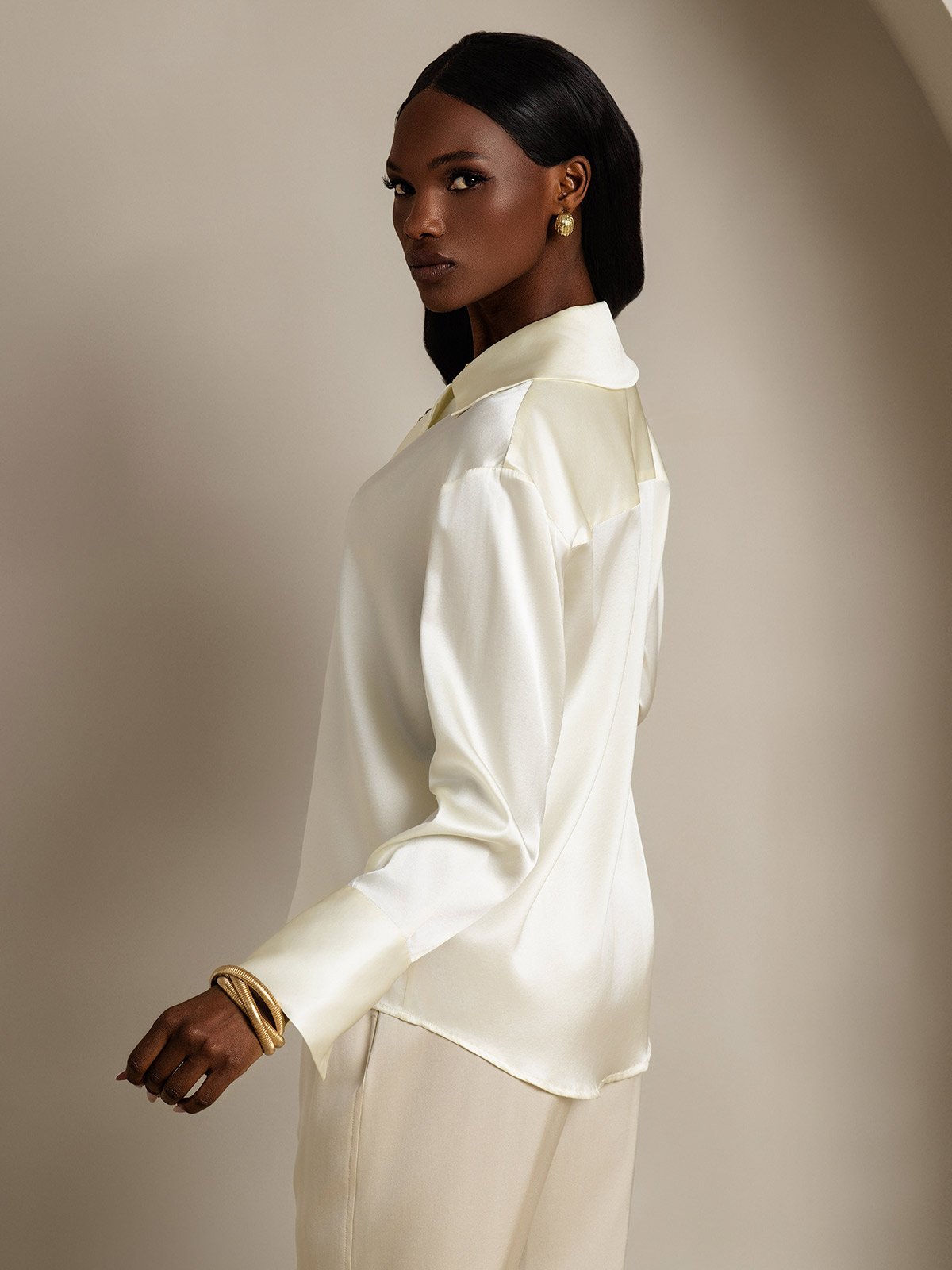 SilkSilky 19Momme Silk Long Sleeve Lapel Women's Shirt Ivory 004