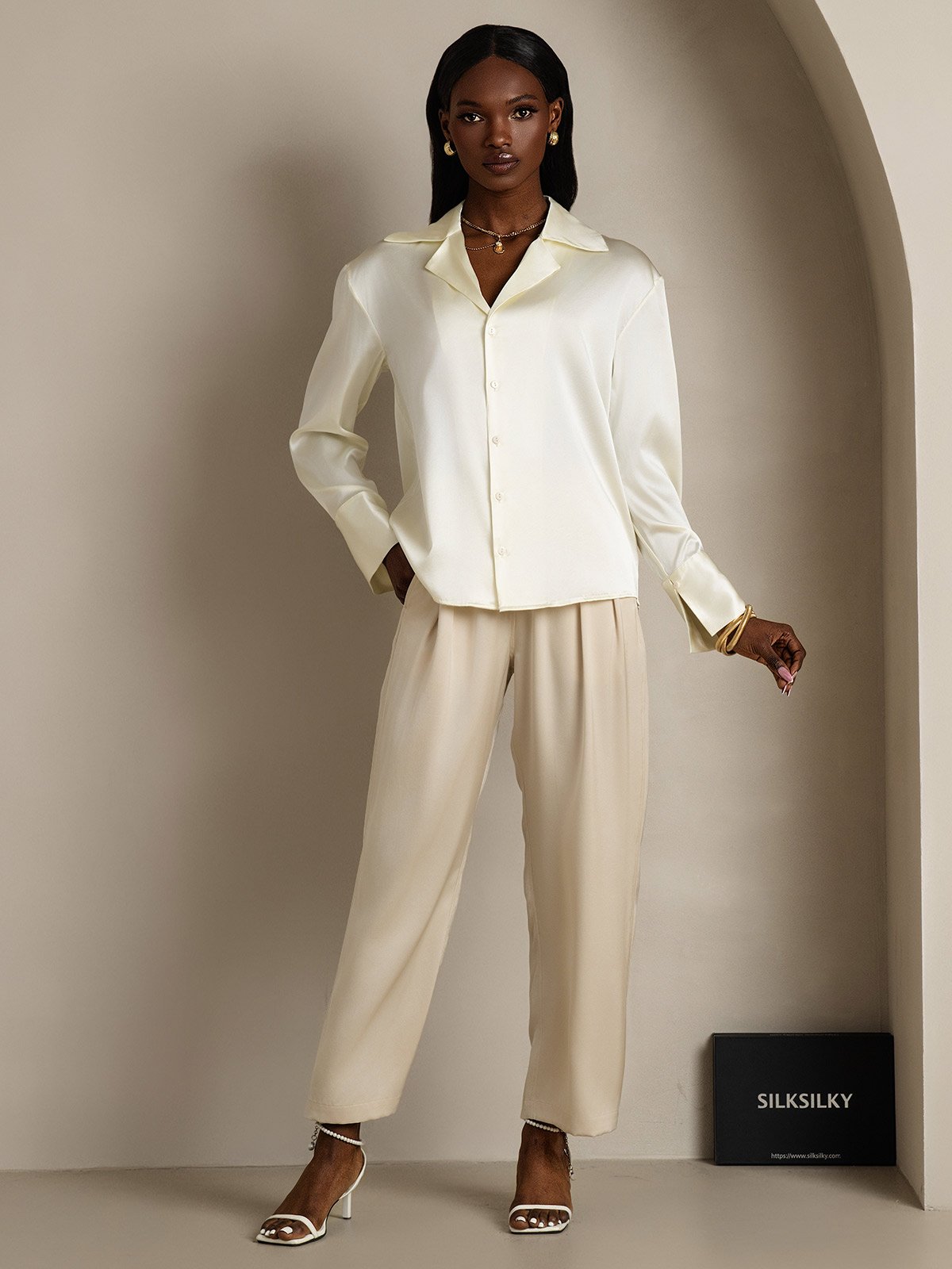 SilkSilky 19Momme Silk Long Sleeve Lapel Women's Shirt Ivory 005