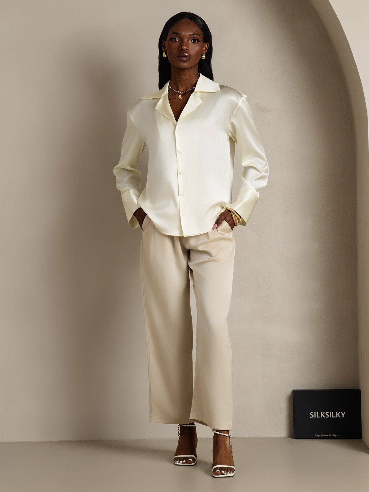 SilkSilky 19Momme Silk Long Sleeve Lapel Women's Shirt Ivory 006
