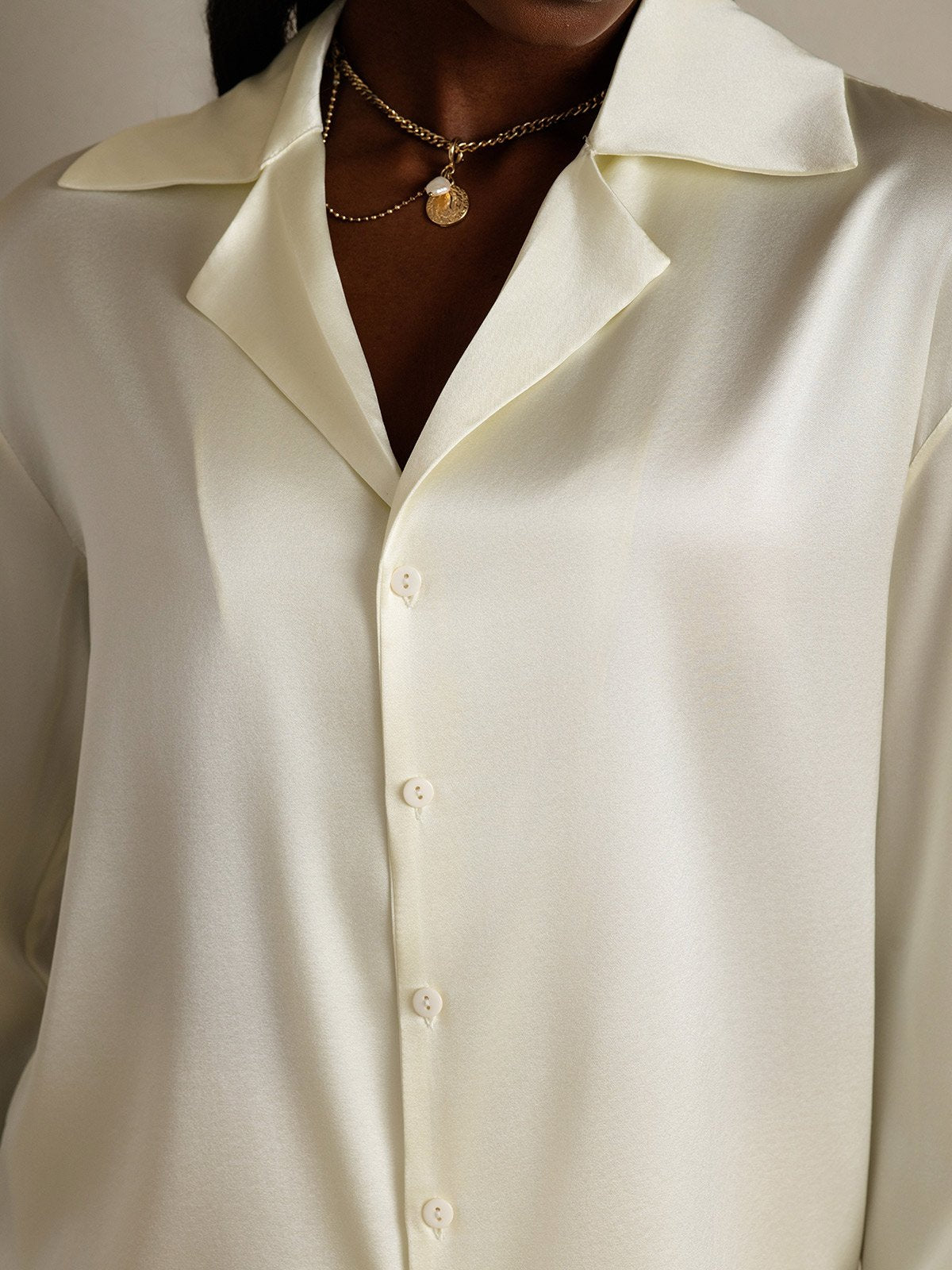 SilkSilky 19Momme Silk Long Sleeve Lapel Women's Shirt Ivory 007