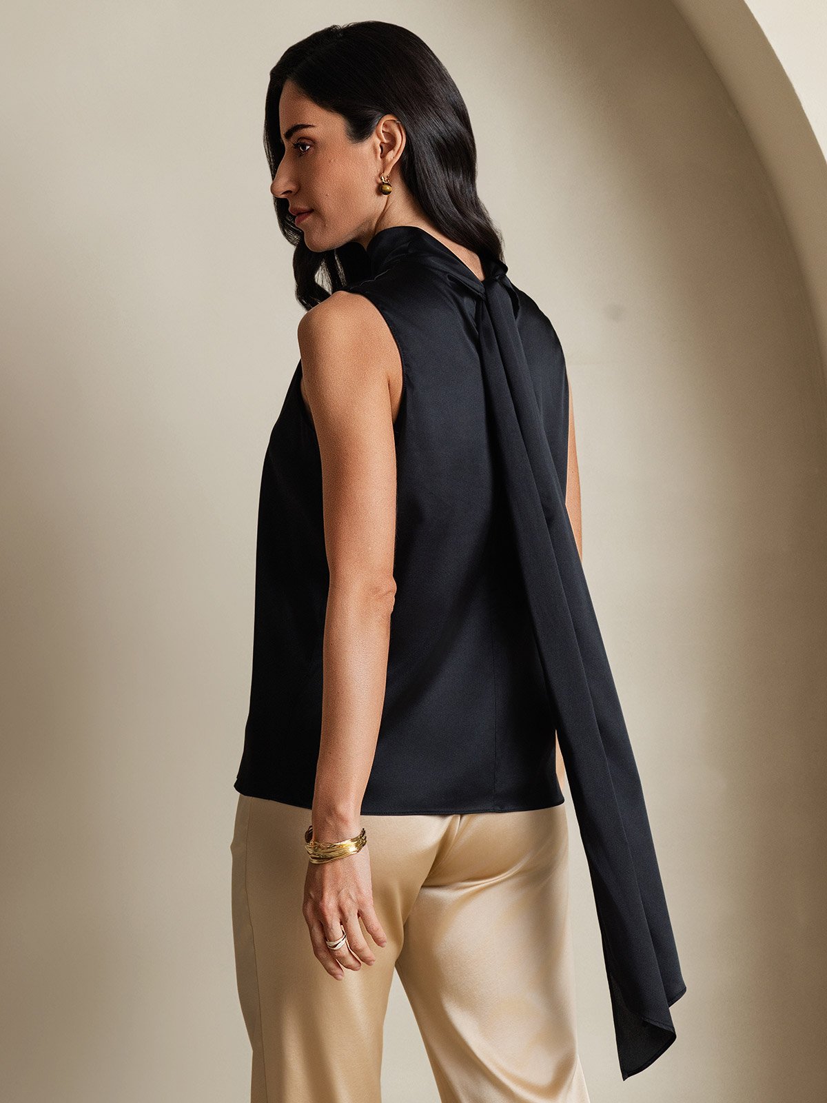 19Momme Silk Sleeveless Tie Neck Blouse – SILKSILKY