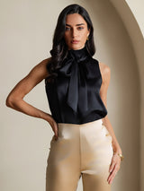 [Black] SilkSilky  Sleeveless Tie Neck Blouse 004