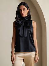[Black] SilkSilky  Sleeveless Tie Neck Blouse 001