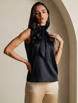 [Black] SilkSilky  Sleeveless Tie Neck Blouse 007
