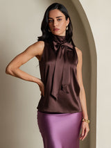 [Coffee] SilkSilky  Sleeveless Tie Neck Blouse 001