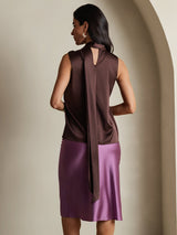 [Coffee] SilkSilky  Sleeveless Tie Neck Blouse 002