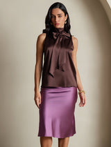 [Coffee] SilkSilky  Sleeveless Tie Neck Blouse 004