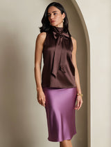 [Coffee] SilkSilky  Sleeveless Tie Neck Blouse 005