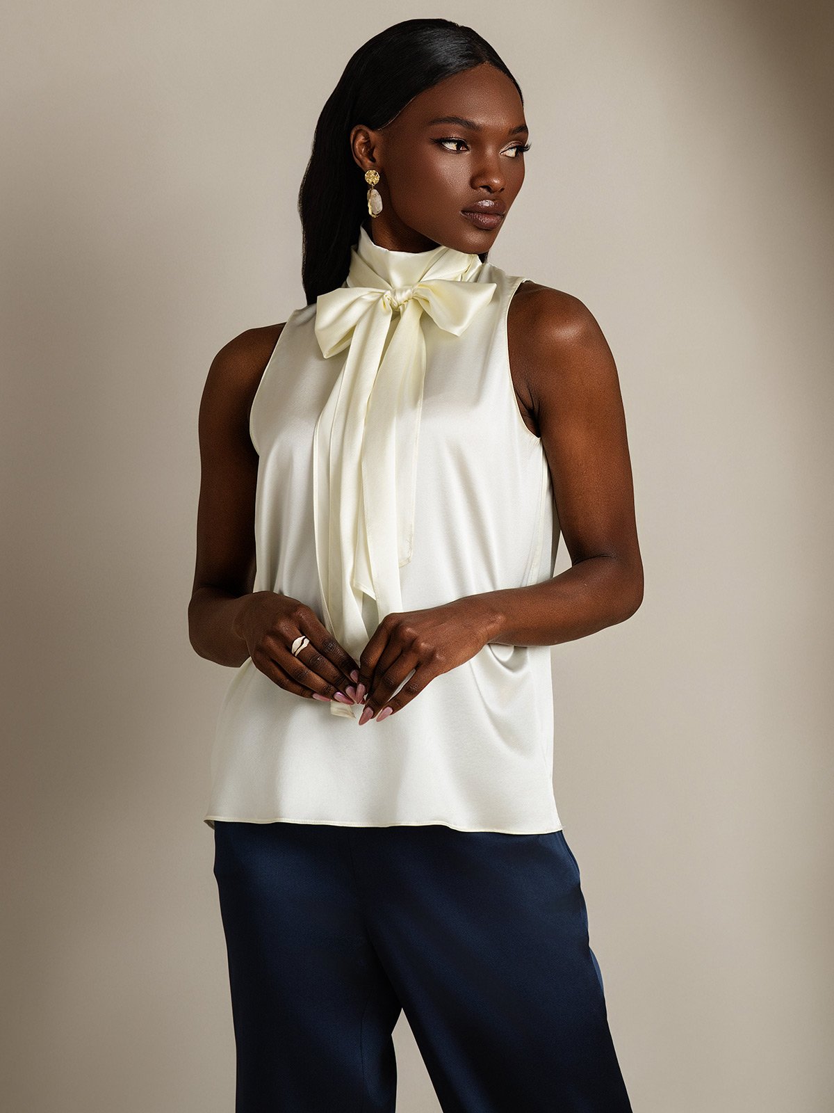 SilkSilky 19Momme Silk Tie Neck Women's Shirt Ivory 005