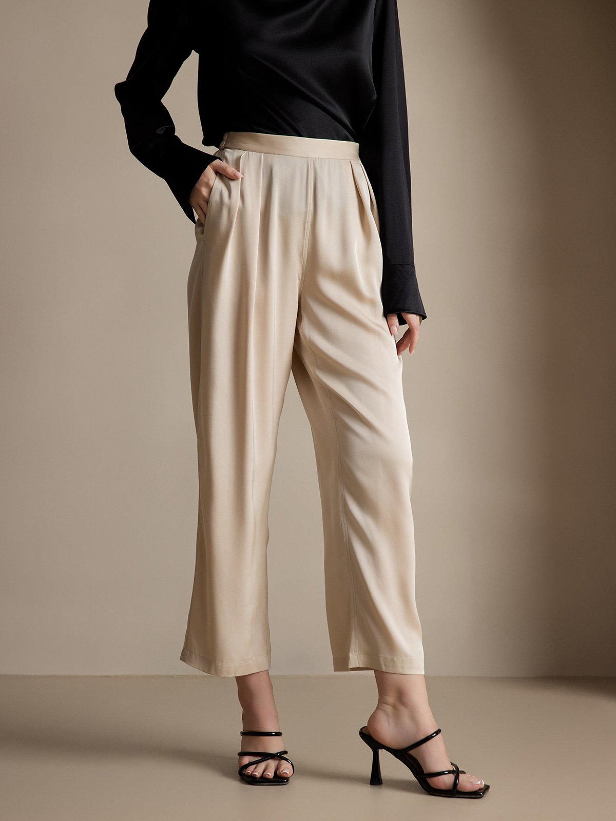 SilkSilky  22Momme Pure Silk Womens Pants Beige 001