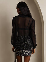 [Black] SilkSilky  6Momme Silk Chiffon Long Sleeve Tie Neck Women's Shirt 002