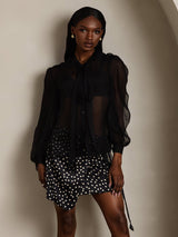 [Black] SilkSilky  6Momme Silk Chiffon Long Sleeve Tie Neck Women's Shirt 003