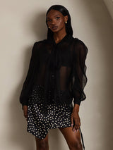 [Black] SilkSilky  6Momme Silk Chiffon Long Sleeve Tie Neck Women's Shirt 004