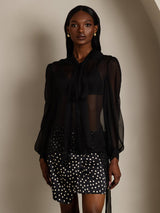 [Black] SilkSilky  6Momme Silk Chiffon Long Sleeve Tie Neck Women's Shirt 005