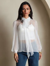[White] SilkSilky  6Momme Silk Chiffon Long Sleeve Tie Neck Women's Shirt 001