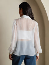 [White] SilkSilky  6Momme Silk Chiffon Long Sleeve Tie Neck Women's Shirt 002