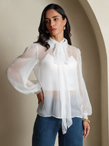 [White] SilkSilky  6Momme Silk Chiffon Long Sleeve Tie Neck Women's Shirt 003